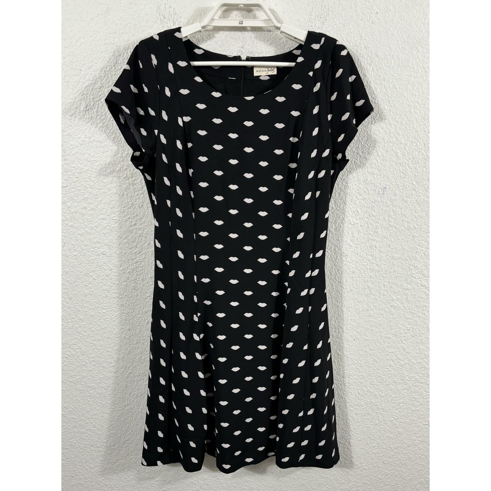 Maison Jules Dress Womens Medium Black White‎ Lip Print Fit & Flare Short Sleeve